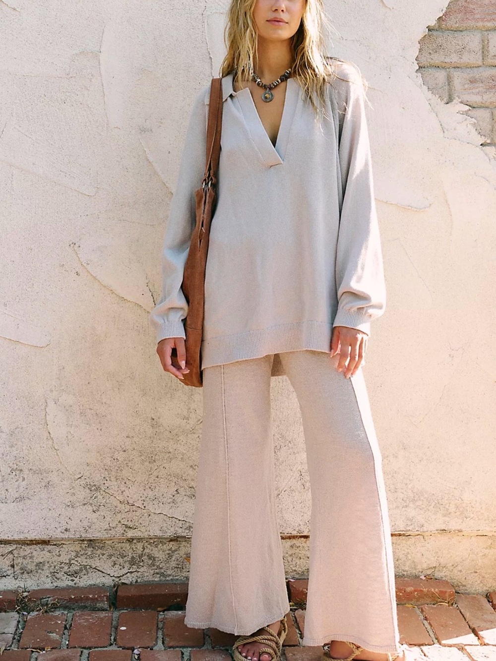 Free people drea set top and bottoms: Women’s Cream Wide-Leg Knit Pants - XL